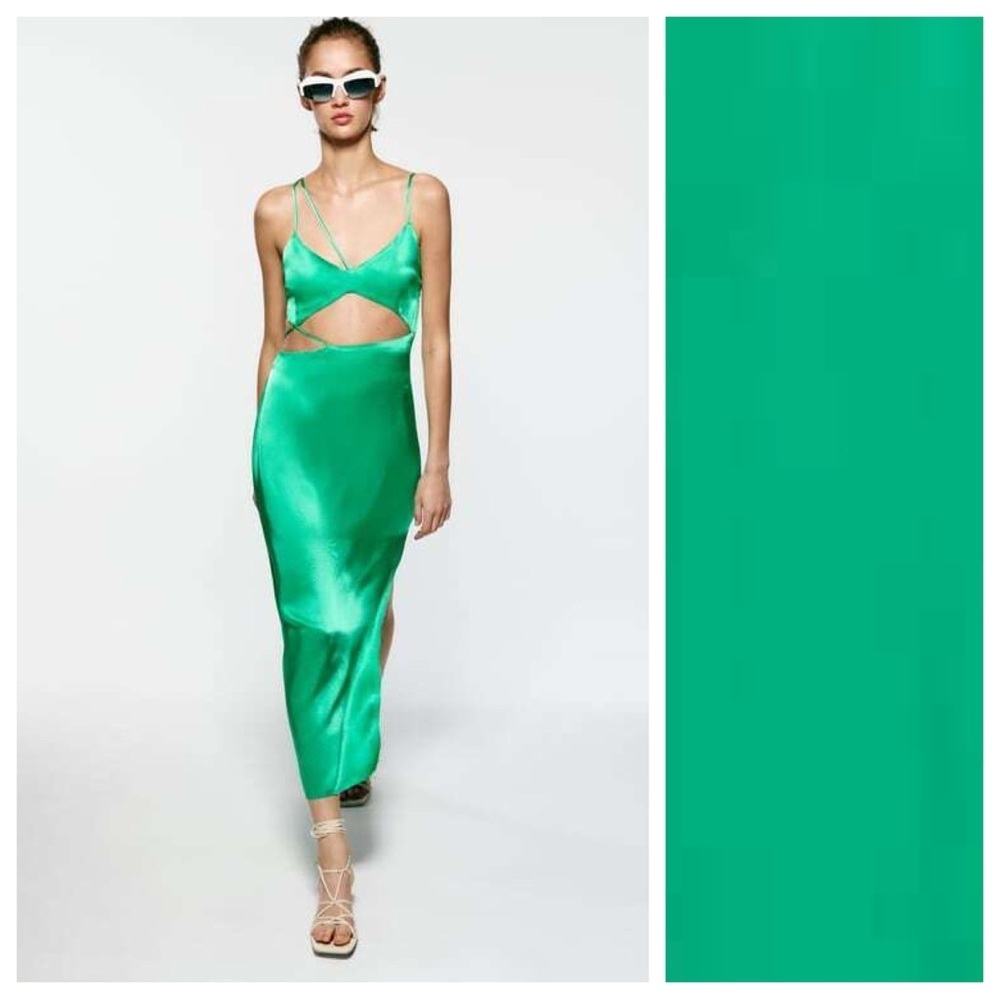 NWT. Zara Green Satin Effect Asymmetric Cut-Out Midi Dress. Size S.
